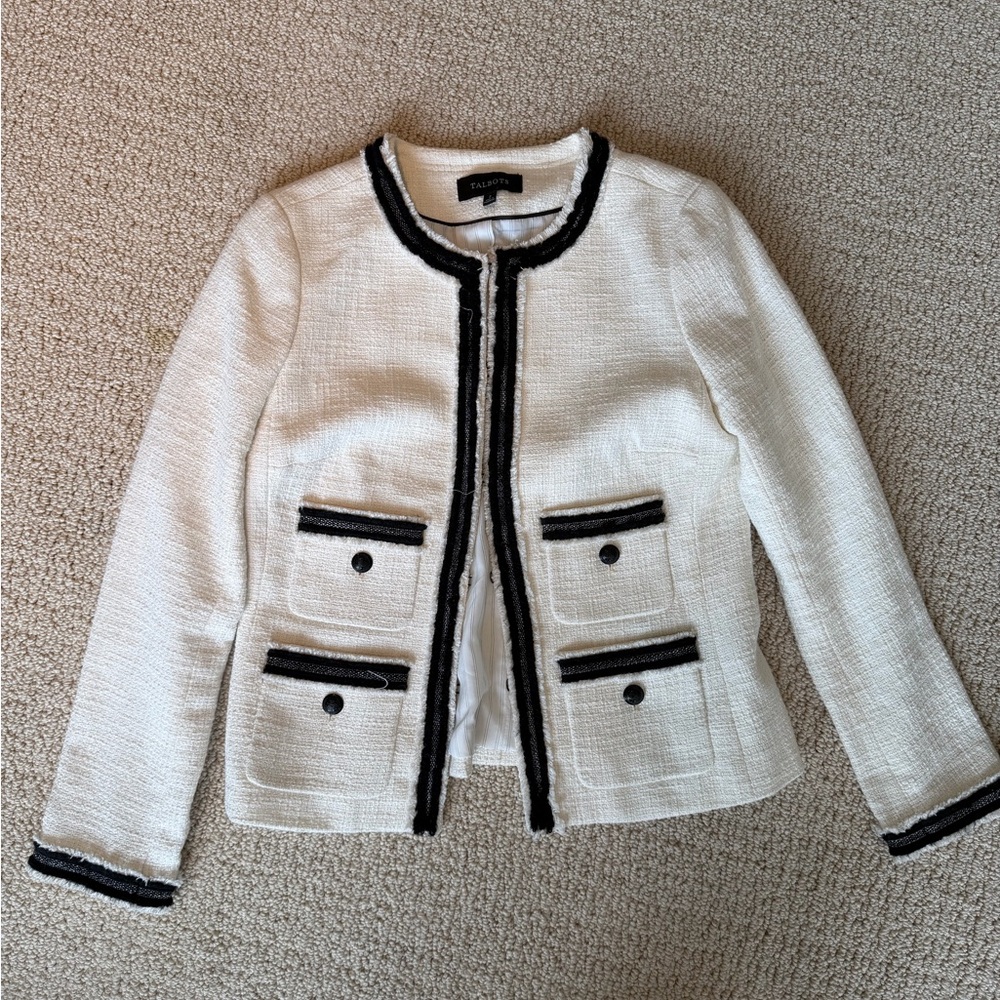 Talbots White Tweed Collarless Jacket with Black Trim size small